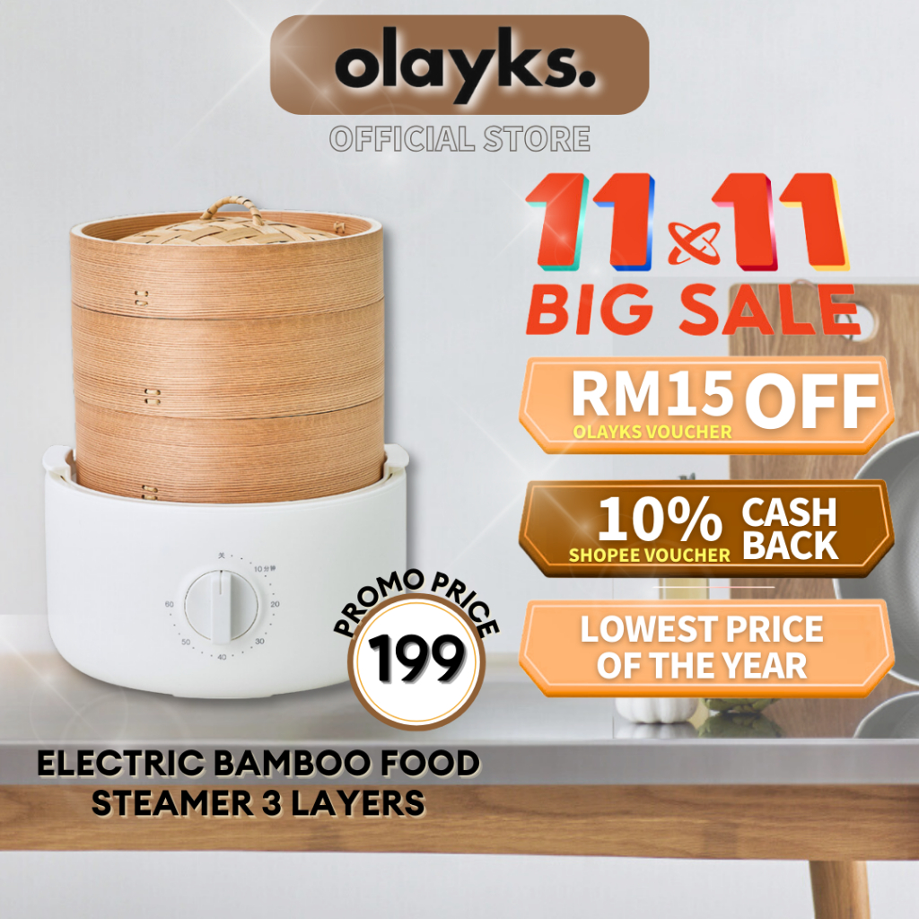 Olayks Electric Food Steamer 3 Layers Natural Bamboo Steamer Pau Dimsum Steamer Bamboo Periuk Kukus Elektrik 竹蒸笼 电蒸锅包子点心