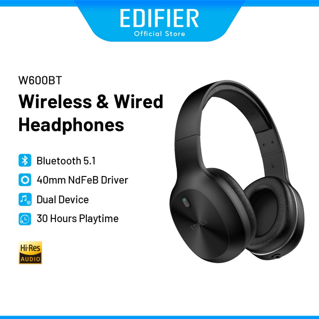 Edifier W600BT Headphone - Bluetooth V5.1 | Connect 2 Devices | Built in Mic | Wired or Wireless | 30 hours Playtime