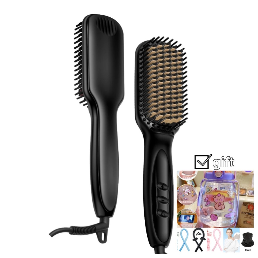 UKLISS 2 in 1 Hair Straightener Brush Electric Ionic Heating Beard Clip Comb Sikat Rambut 3 Pin