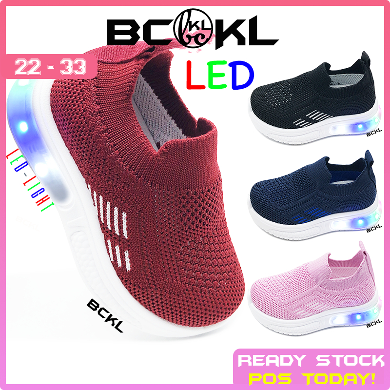 【 BCKL 】Baby & Kids Basic LED Sport Shoes | Trendy Casual Twins Sneakers Maroon Black Pink | Kasut Sukan Budak 22-33