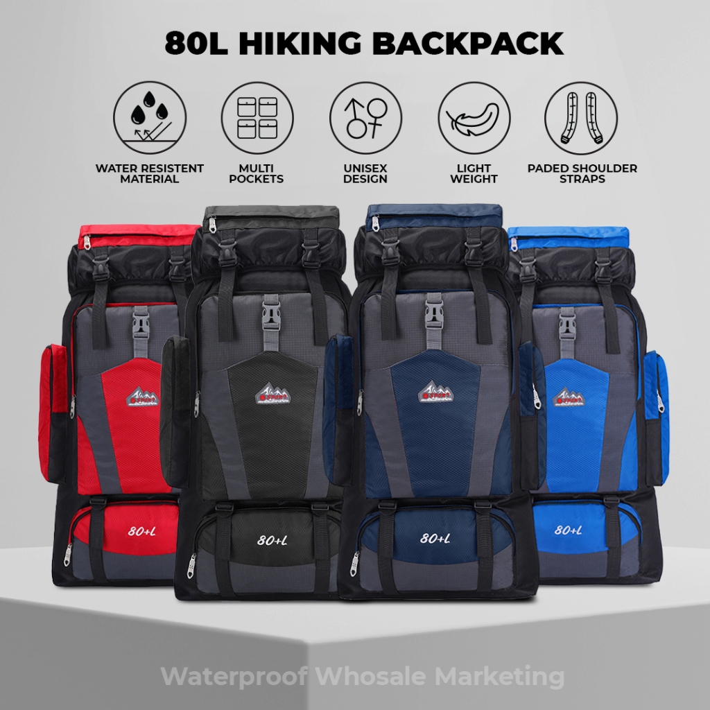 80L Hiking Backpack Waterproof Travel Bag Large Capacity Camping Bag with Padded Straps & Rain Cover