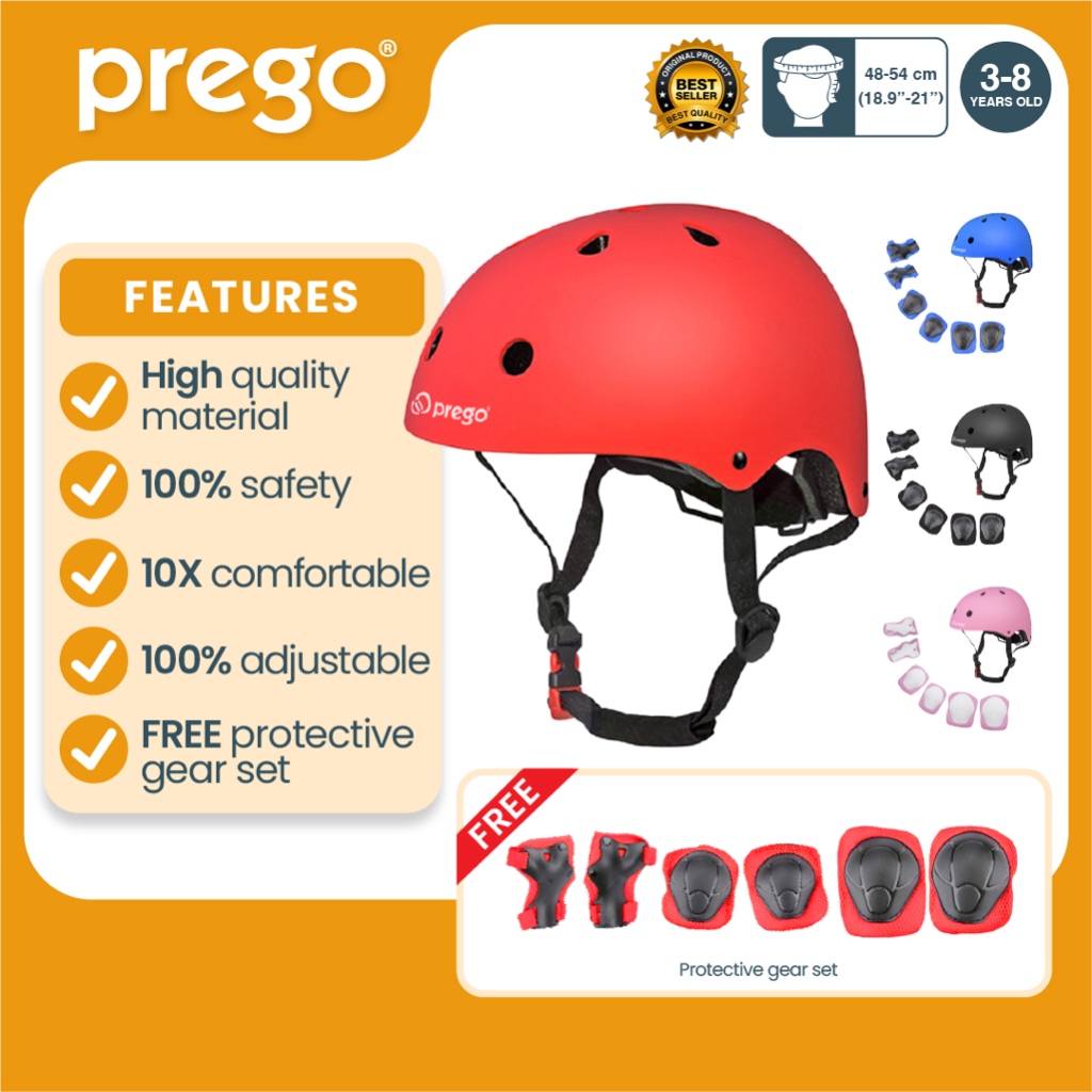 Prego Baby Bike Helmet Kids Safety Protective Gear Knee Wrist Elbow Pads Topi Keledar Basikal Kanak