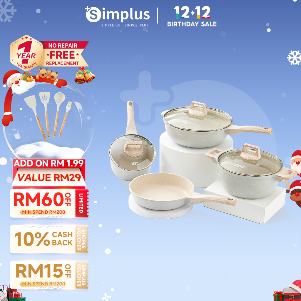 Simplus 7PCS Teflon Non Stick Coating Cookware Sets 24cm Fry Pan/28cm Wok/24cm Soup Pot/18cm Saucepan with 3 Lids