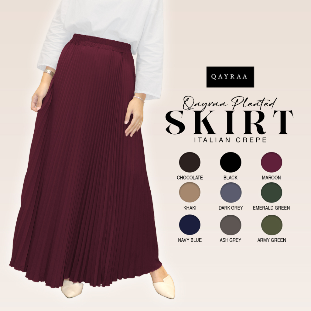 QAYRAA Pleated Skirt Italian Crepe Free Size Skirt - Black/Maroon/Khaki/Army Green/Chocolate