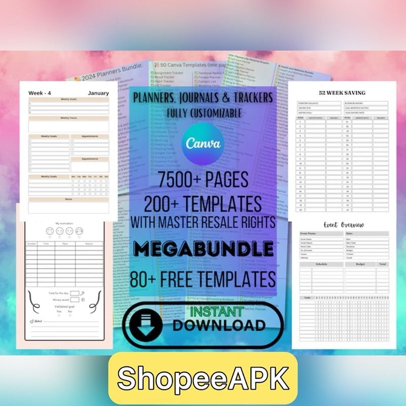 ⚡️INSTANT⚡️7500+ Pages PLR Canva Template Bundle: 200+ Planners, Journals, Trackers & 80+ Free Templates