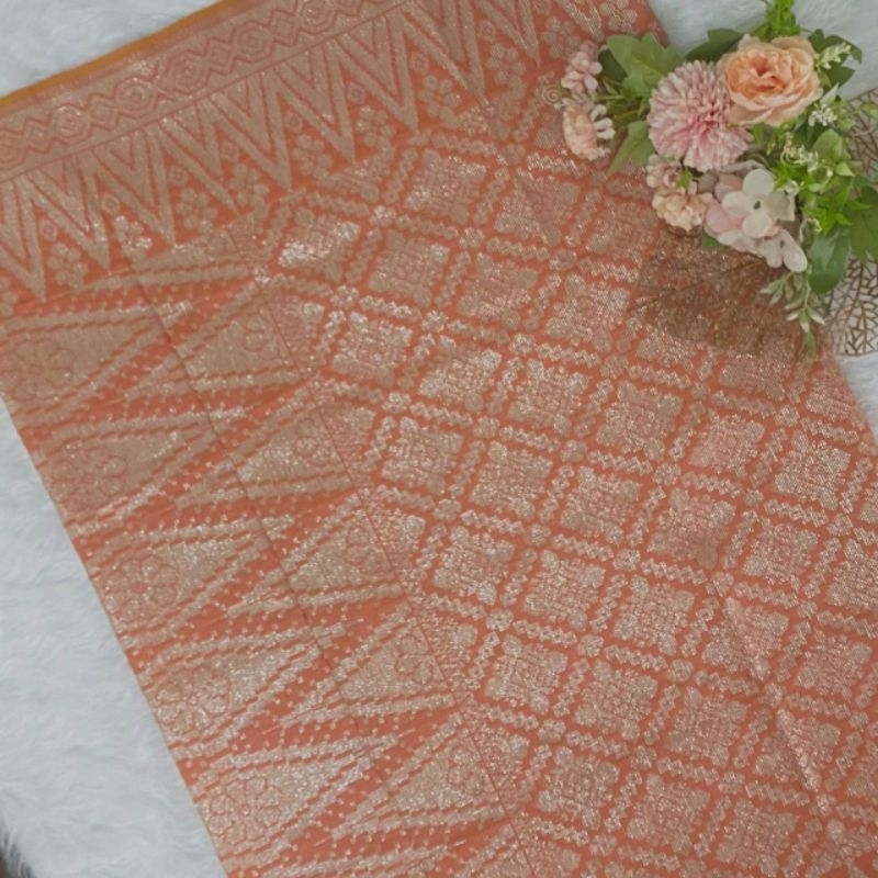 Sampin Songket Peach Sulam Silver - Samping Bunga Penuh 2 meter x Labuh 32 inci - Sampin Original (Biasa Bukan Instant)