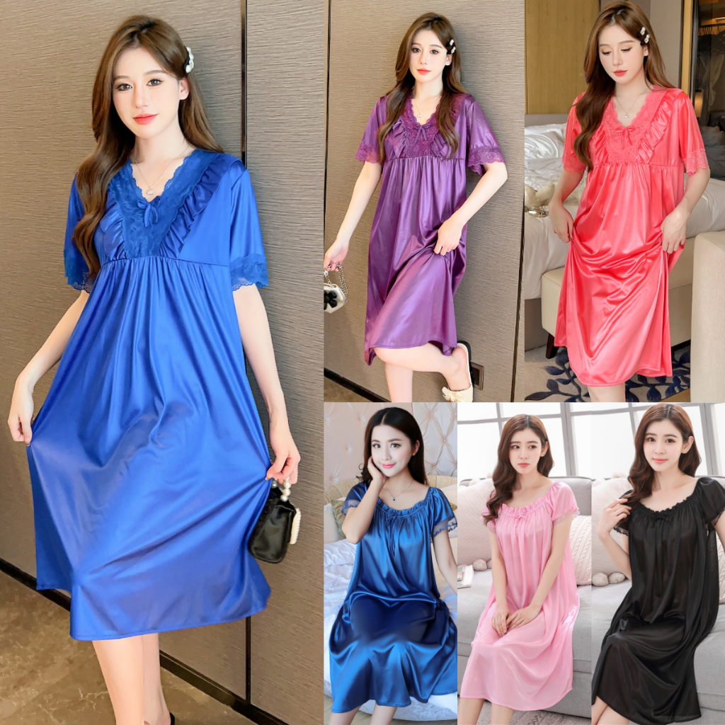 Gaun Tidur Perempuan Baju Tidur Wanita Satin Plus Size Plain Design  Pajamas Baju Tidur Nightdress