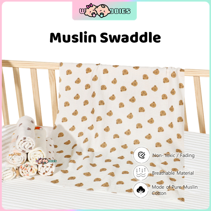 👶🏻Woobbies 100x100cm Newborn Baby Muslin Swaddle Towel Blanket Kain Bedung Baby Soft Blanket Kain Selimut Lampin Anak