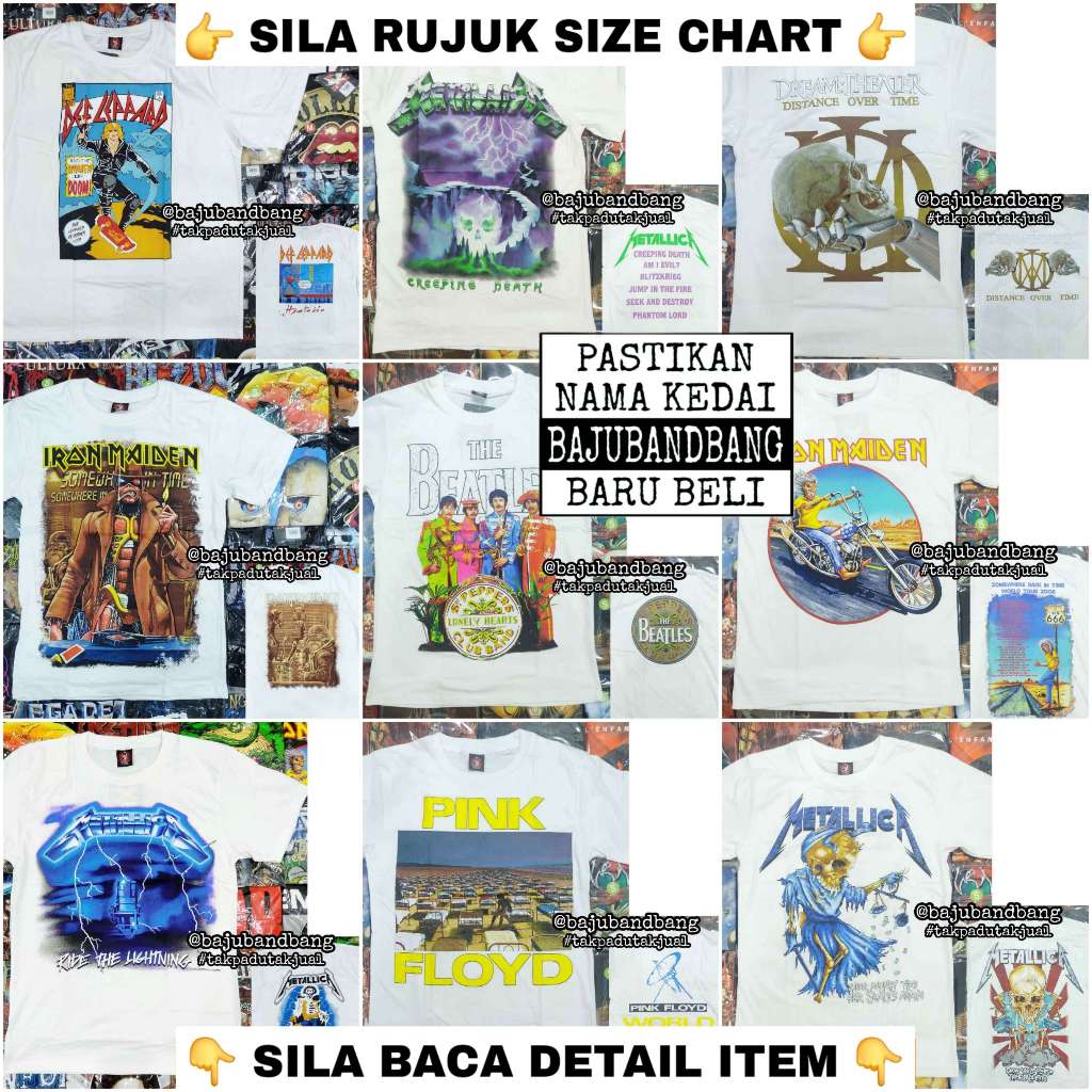 (Pit 18-24) Baju PUTIH Metallica Iron Maiden Guns N Roses ACDC The Beatles WHITE Band Tshirt ROCK YEAH