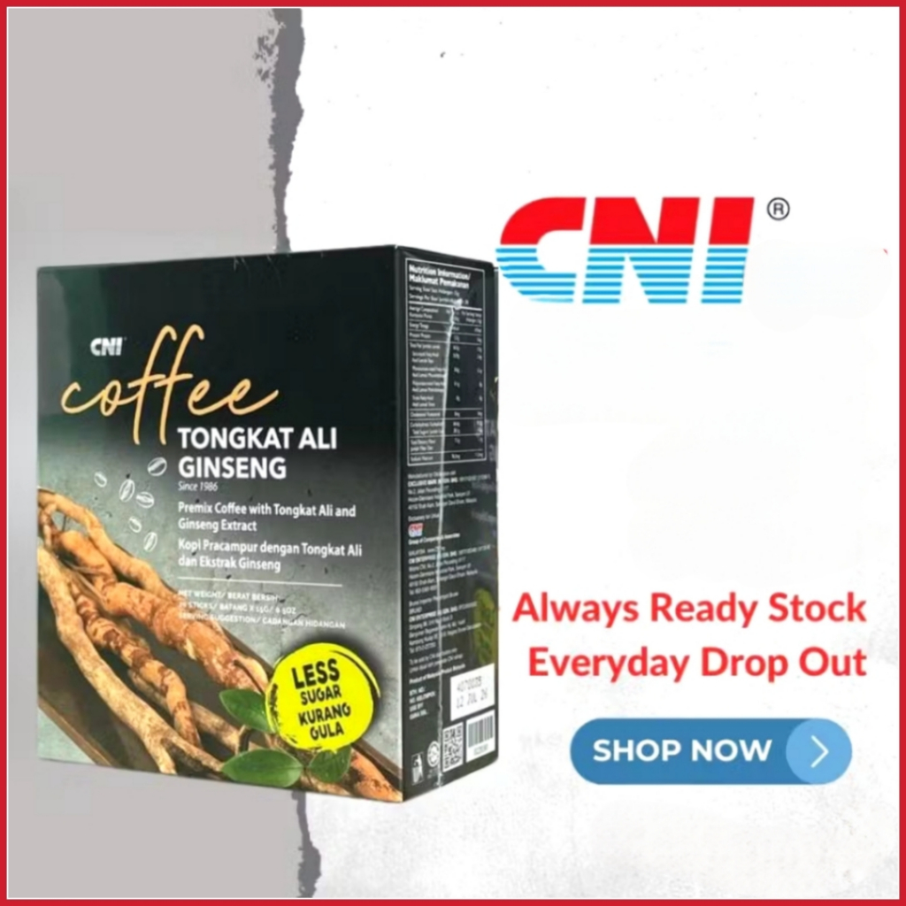CNI tongkat Ali Ginseng Coffee kurang gula, 20s x 15g - Kopi pra campuran, Ekstrak tongkat Ali & Ginseng
