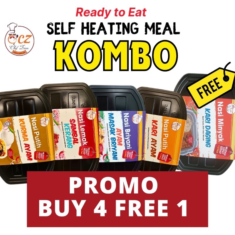 SET KOMBO dengan PEK PEMANAS  (BUY 4 FREE 1) NASI READY TO EAT Instant rice with dishes with food warmer TRAVEL MEAL