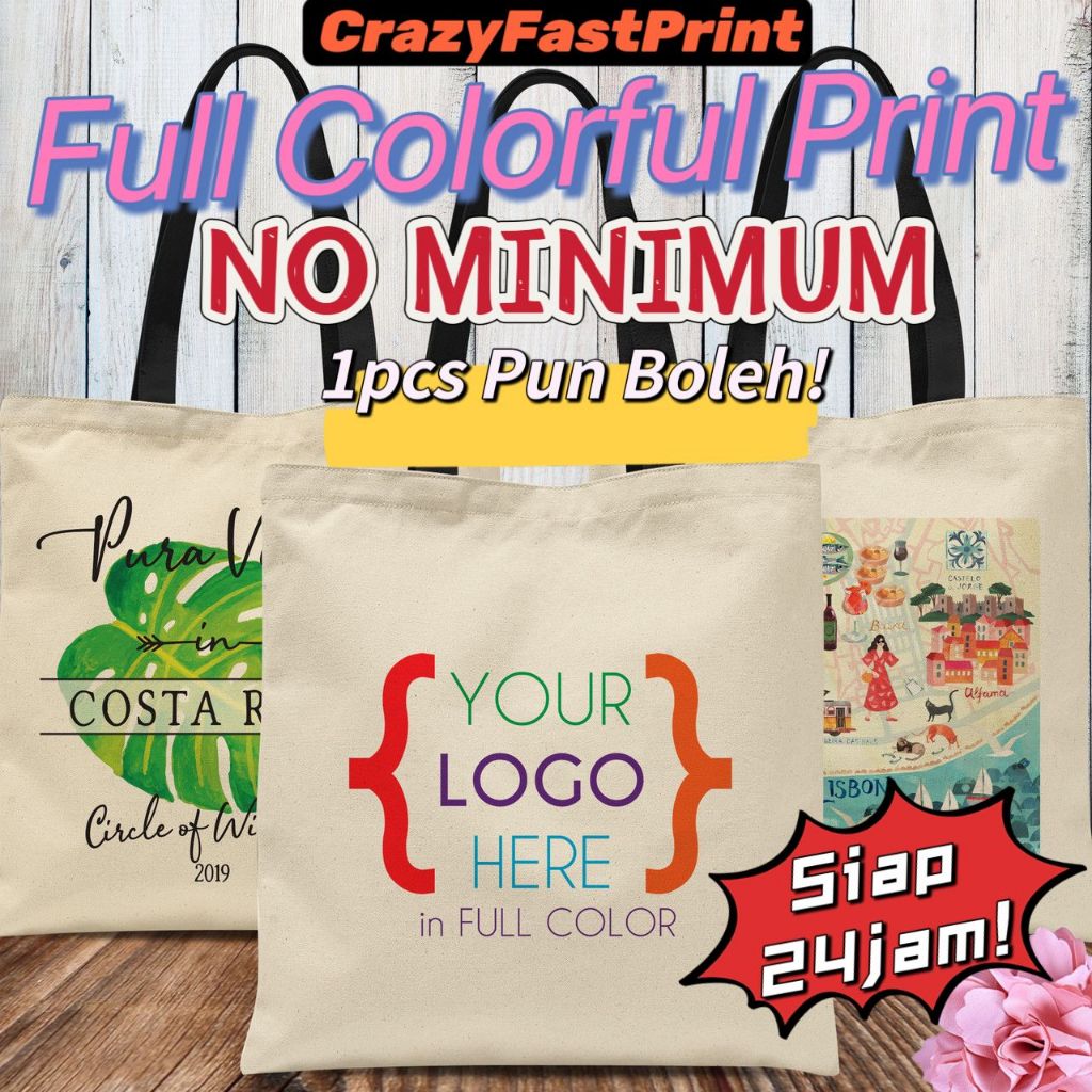 SIAP 24 Hours Customize Logo Design Canvas Bag Tote Bag Custom Printing Personalised Name Picture Full Colour 批量定制帆布袋环保袋