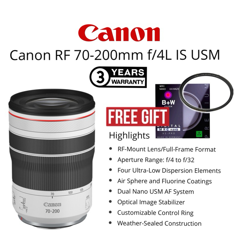 CANON RF 70-200MM F/4L IS USM LENS FULL FRAME FORMAT RF LENS (3 YEARS WARRANTY) CANON EOS MIRRORLESS LENS 70-200MM ZOOM