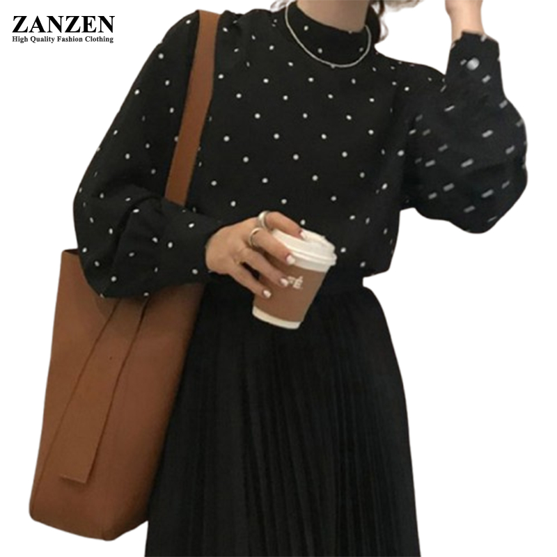 ZANZEN Korean Style Women Fashion Casual Loose Polka Dotted Print Long Sleeve Thin Top Plus Size Blouse