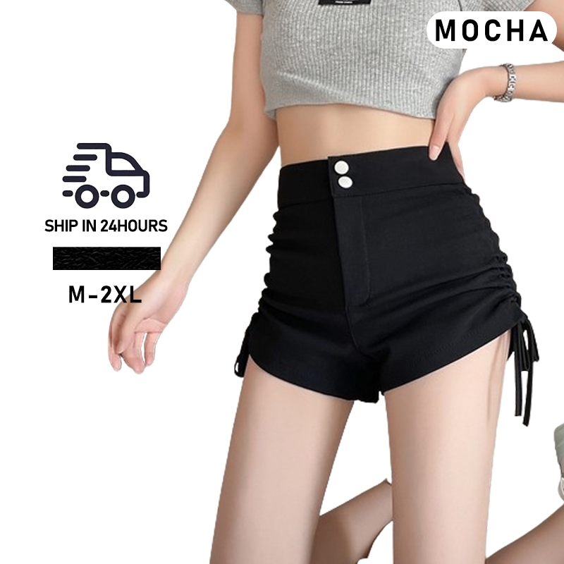 MOCHA Women Black Short Pants High Waist Shorts Elastic Slim Drawstring Pleated Shorts 短褲女 ST140