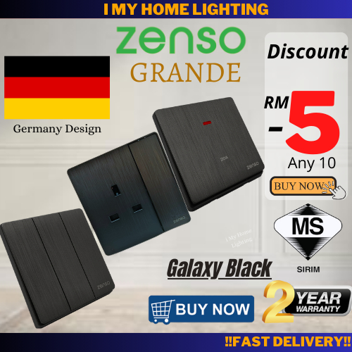 (SIRIM) ZENSO Grande Switch Galaxy Black Rocker Slim Switches Socket Suis Lampu Rumah 13A 20A