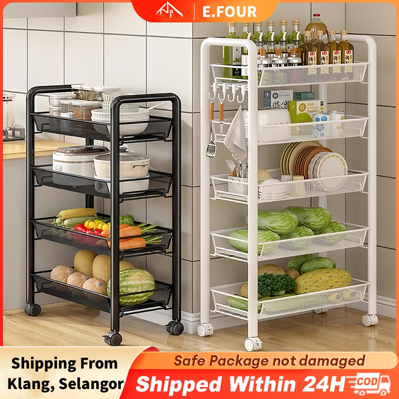Multipurpose Trolley Rack Steel Kitchen  Organizer Storage Rack Wheel Removable Drain Basket 移动夹缝置物架