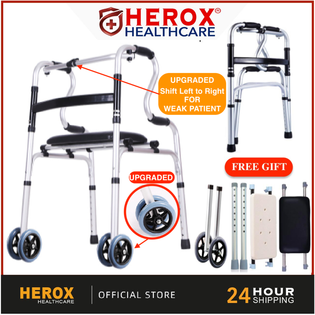HEROX 10PCS/8PCS FULLSET (4WHEEL+4STIK) Medical 5 Way Adjustable Height Foldable Cane Frame Aid Walking / Tongkat H0009