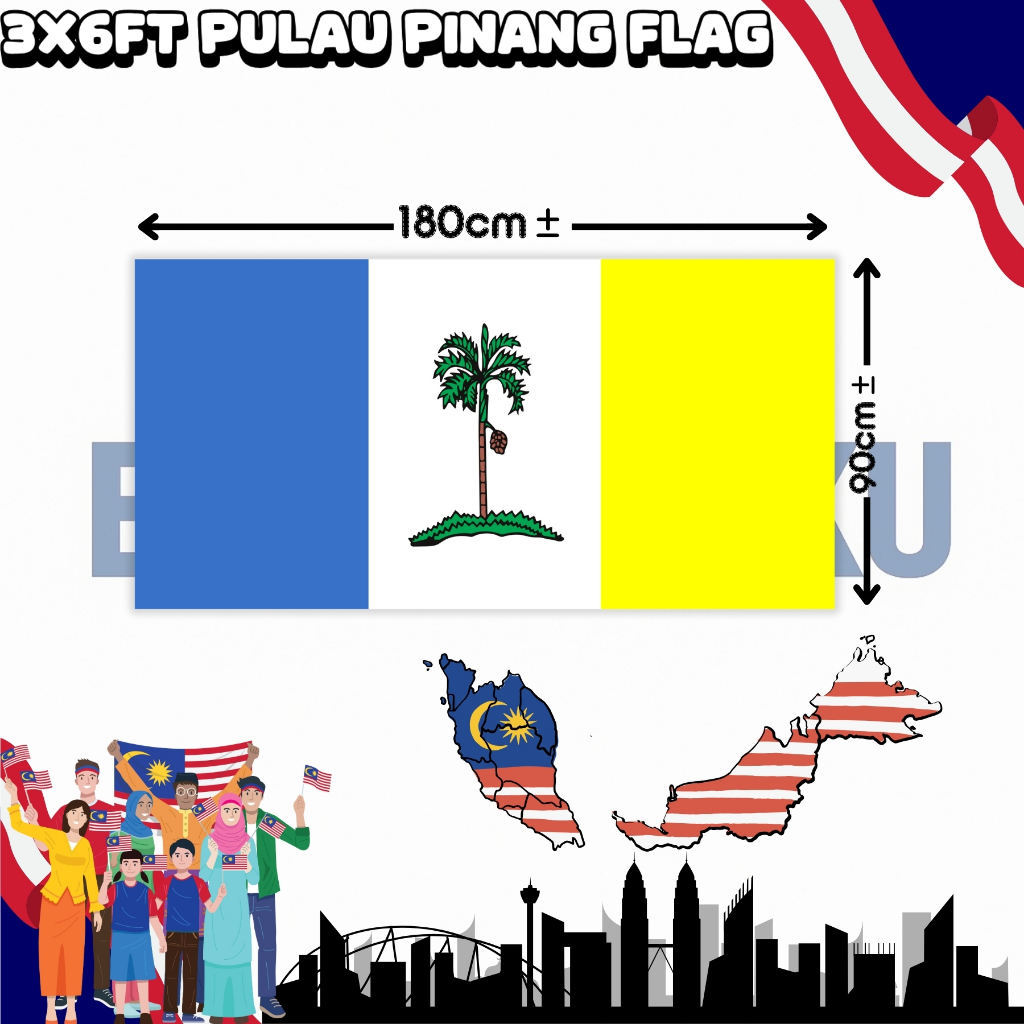 【Benderaku】Pulau Pinang Flag 3x6ft 90X180CM Nylon Polyester Pulau Pinang Pulau Mutiara Flag -FPG8747