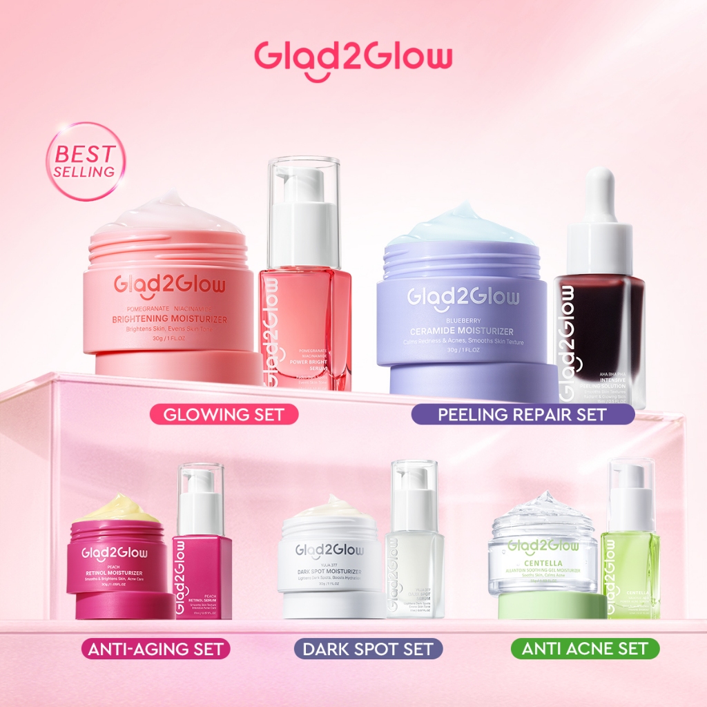 Glad2Glow 2 In 1 Basic Skincare Set Brightening Glowing/Repair/Anti Acne/Aging/Dark spot moisturizer Facial Serum muka