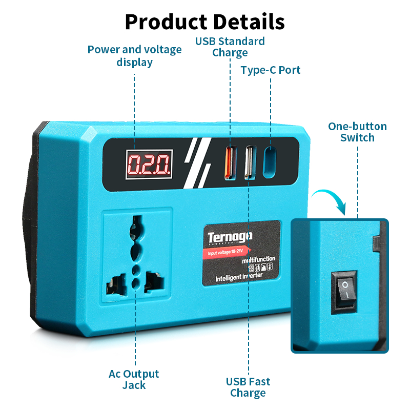 Ternaga Portable Power Inverter 21v to 220v MT Battery 20V Lithium Battery DC 18V To 220V for Outdoor Converter Adapter