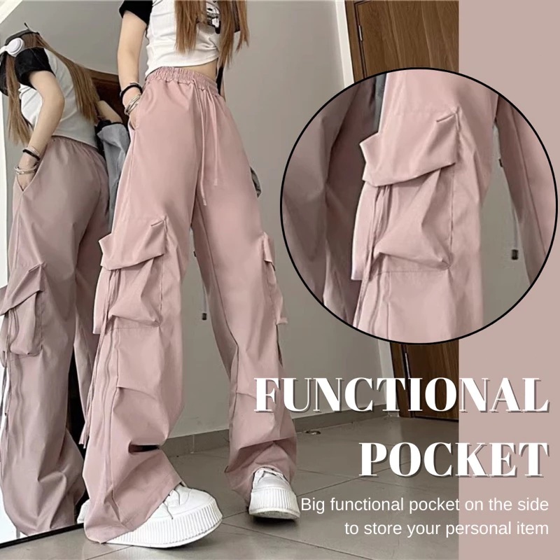 Women Casual Cargo Long Pants baggy Elastic Loose Straight Korean Street Style palazzo 女款工装裤休闲直筒阔腿裤