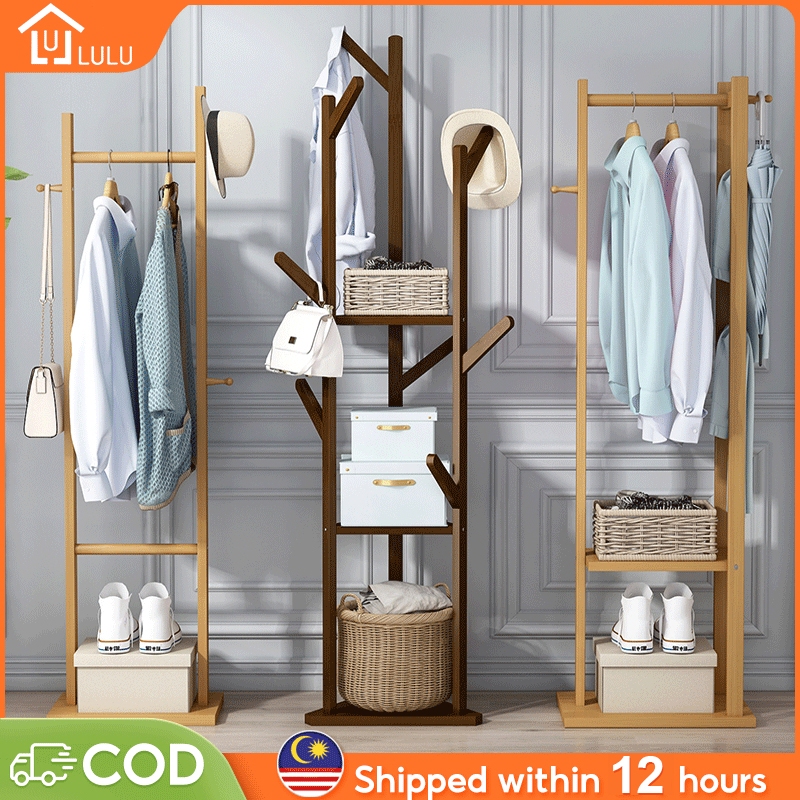 LULU 165CM Clothes Rack Bamboo Standing Hat and Coat Rack Simple Installation Penyangkut Baju 衣帽架