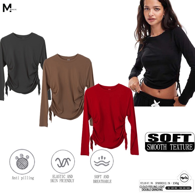 MORNSHINE Women's Korean Style Long Sleeve Shirt - Round Neck Loose Top With Adjustable Drawstring