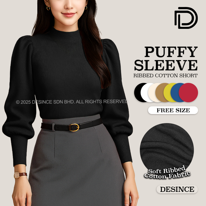 ?? DESINCE Women Puffy Sleeve High Neck Cotton Ribbed Blouse Short Simple & Elegant Everyday Wear WT 070
