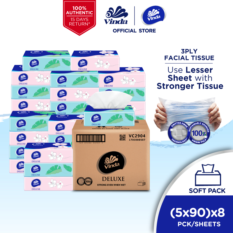 [Carton Deal] Vinda Deluxe Soft Pack Facial Tissue Medium 3-ply (5x90s) x8