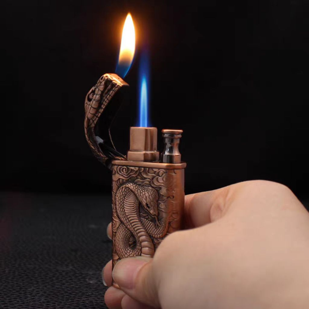 New Metal Fashion Retro King Cobra Relief Dual-Flame Switch Jet Torch & Normal Flame Lighter🔥新款金属时尚复古眼镜王蛇浮雕双火切换直冲明火打火机