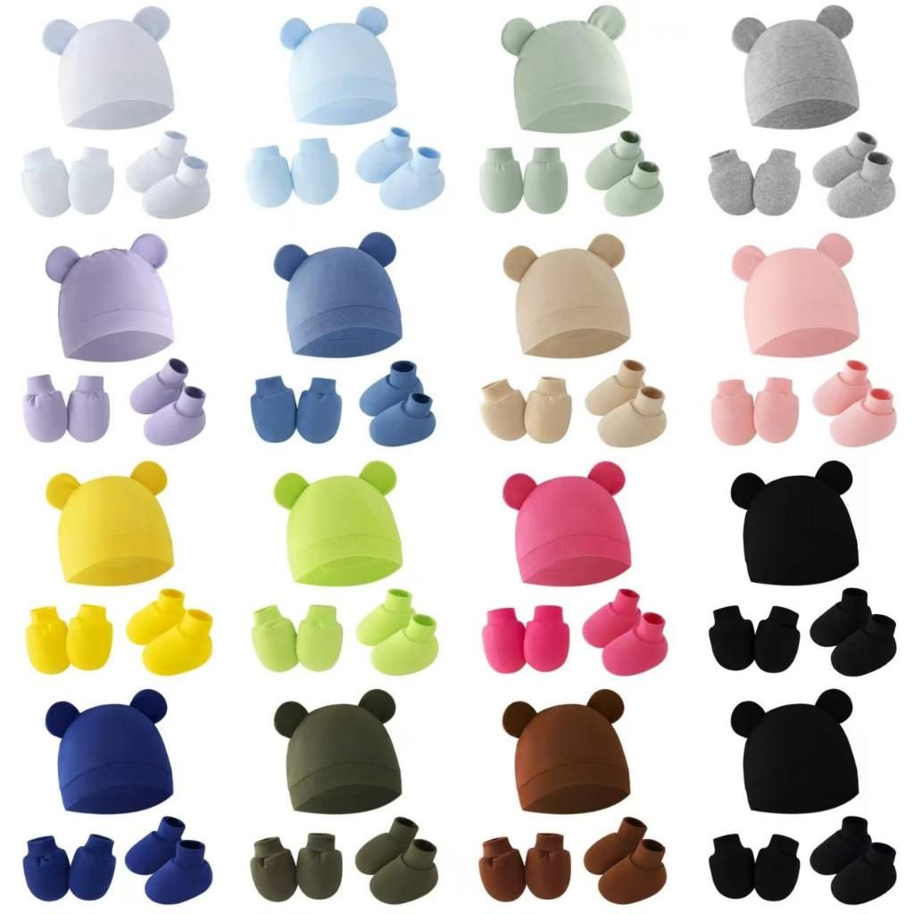 3Pcs Cotton Baby Beanie for Newborn Baby Bonnet Gloves Socks Set Baby Hat