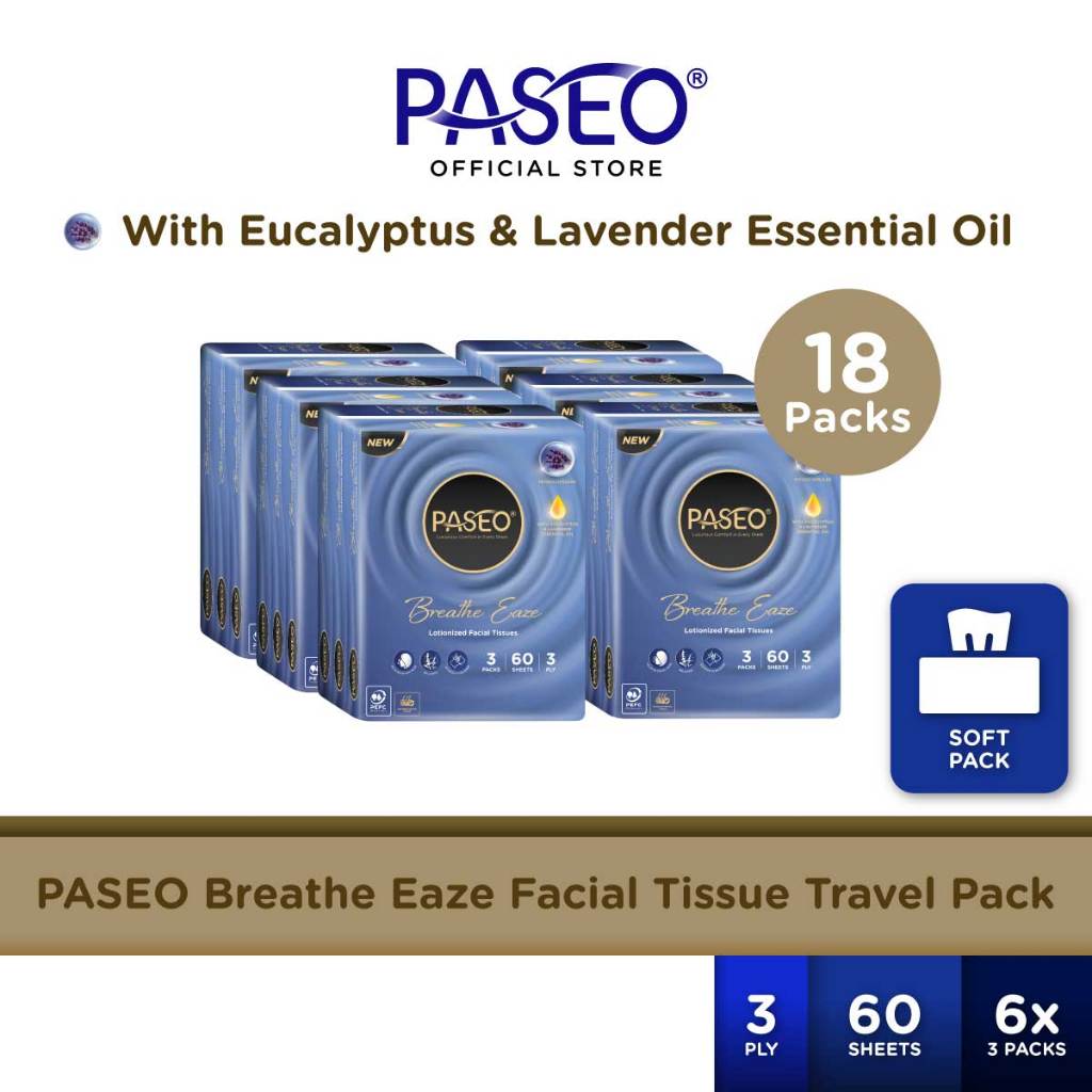 [Bundle of 6] Paseo Breathe Eaze Facial Tissue Travel Pack 60 Sheets x 3 Packs x 6 Bundles