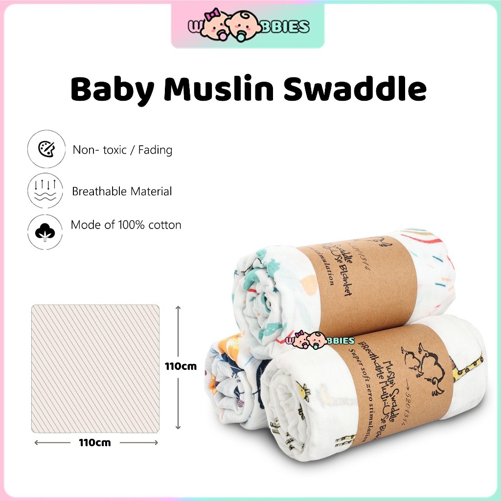 👶🏻Woobbies 110x110cm Newborn Baby Muslin Swaddle Soft Blanket Kain Bedung Kain Selimut Napkin Lampin