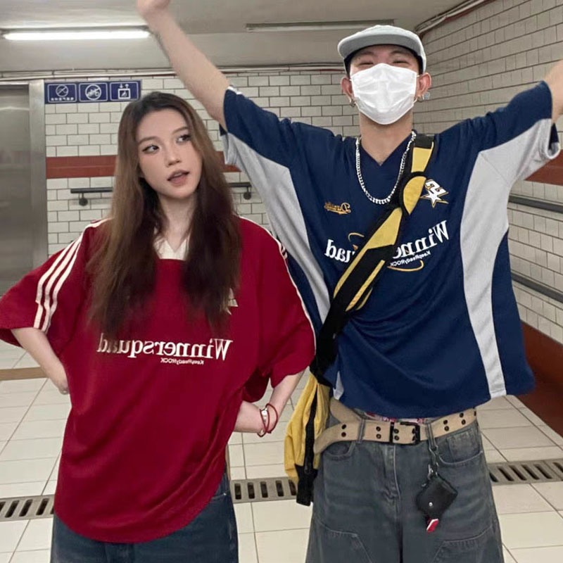 【From Perak】CLIFF Men T-shirt Summer Unisex Fashion Popular Short Sleeve American Style Retro Contrast Letter V-neck Top