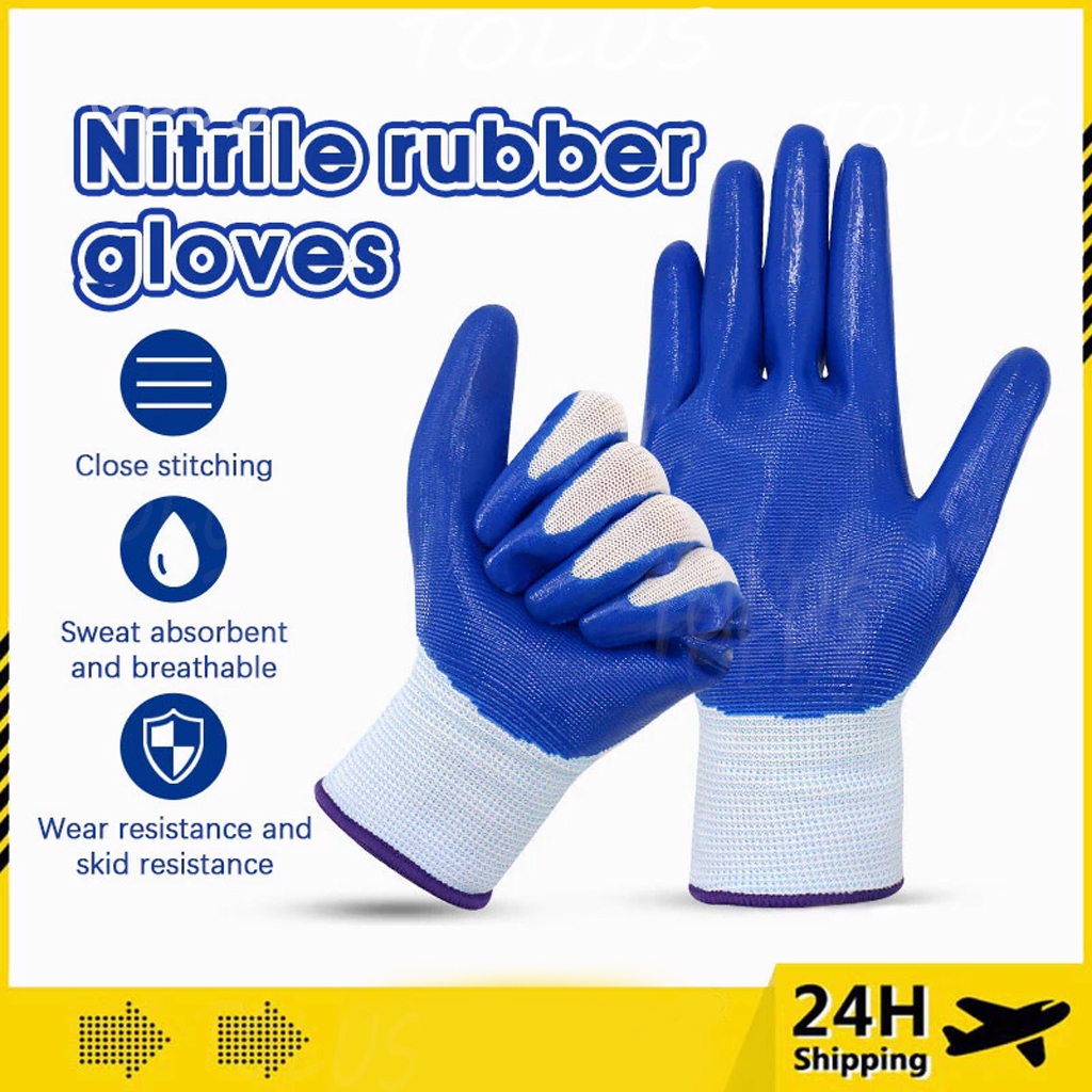 10Pair Nitrile Cotton Half Rubber Glove Sarung Tangan Getah Latex Coated Protective Garden Glove 保护手套 Safety Working Glo
