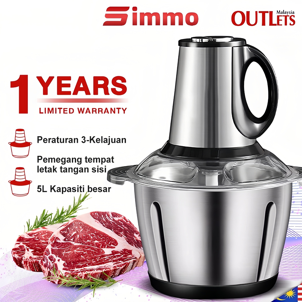 Simmo Chopper Blender Food Processor Electric Meat Grinder 550W 5L Stainless Steel Large Capacity Blender