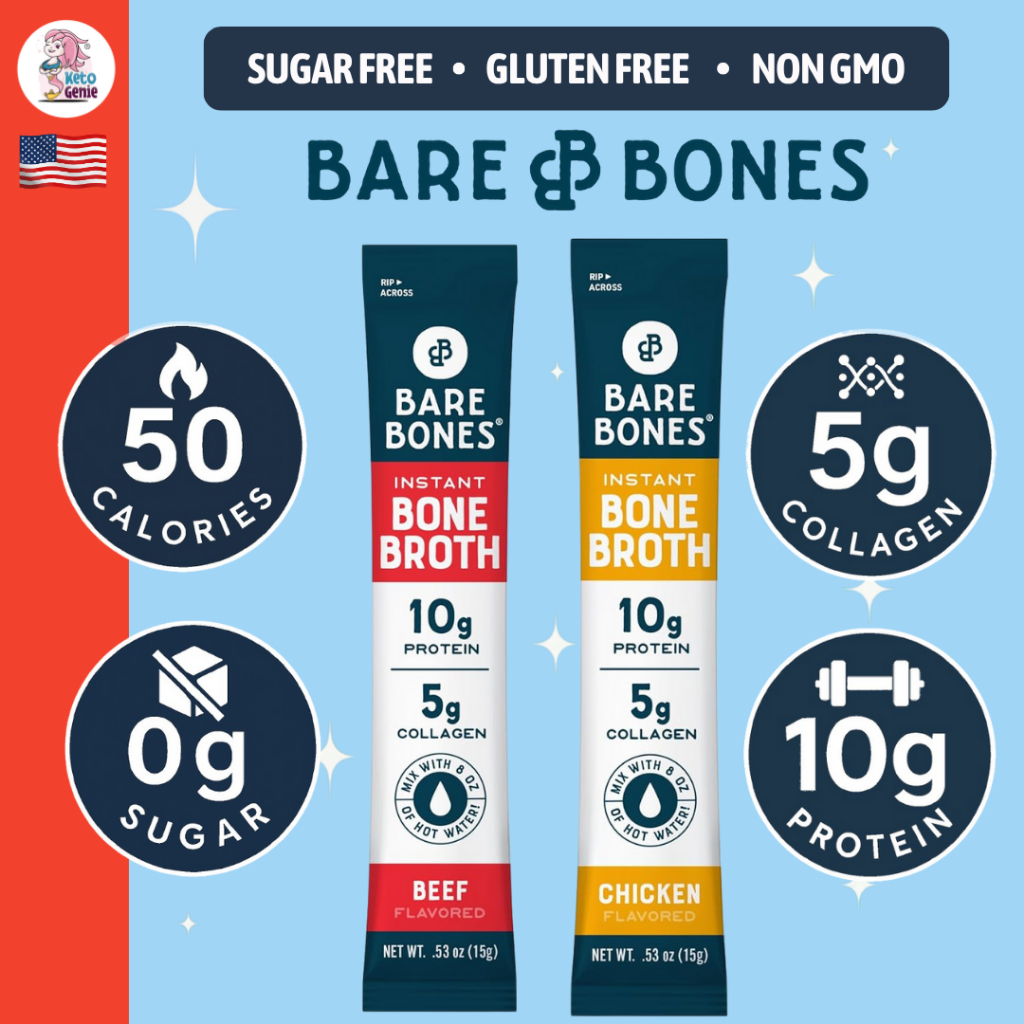 Bare Bones Keto Bone Broth Instant Powdered Mix, Chicken/Beef 15g 1 Sachet -Sugar Free, Low Carb