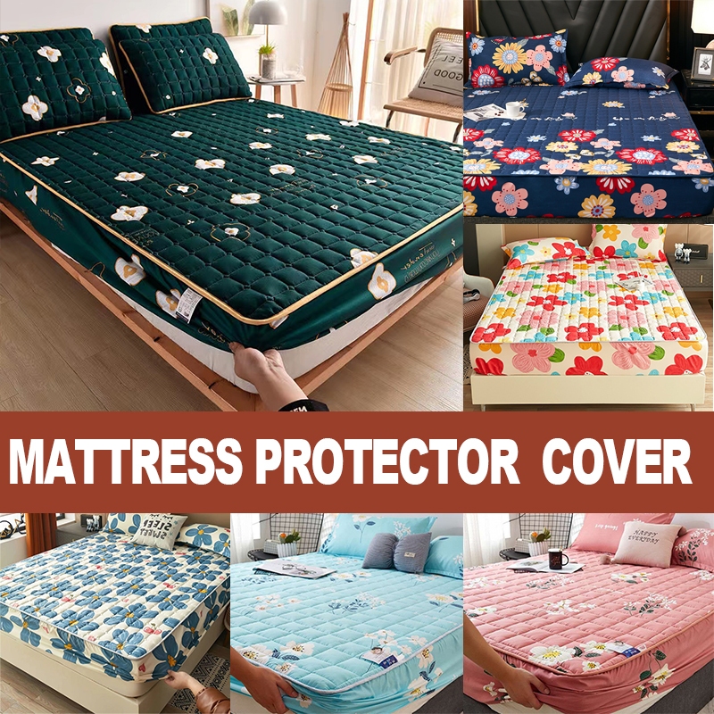Bedding Set Queen/King Fitted Bedsheet With Cotton Anti Slip Mattress Protector Cover Set Ready Stock