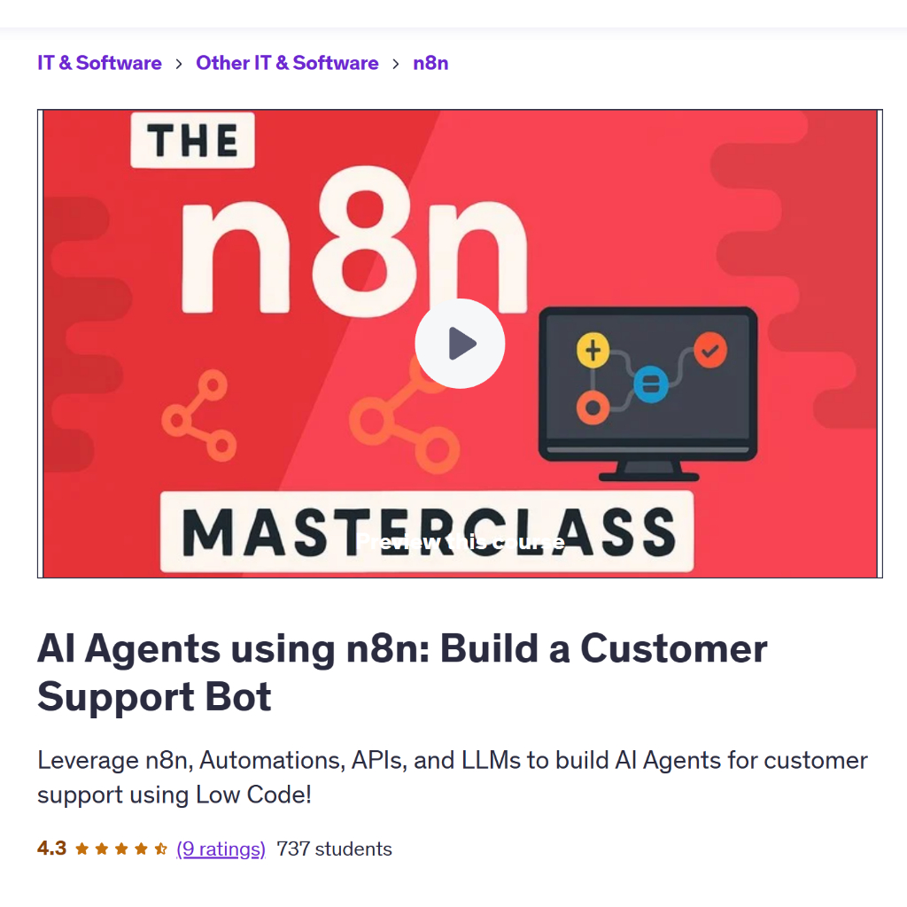 Ai n8n Video Course-AI Agents using n8n: Build a Customer Support Bot