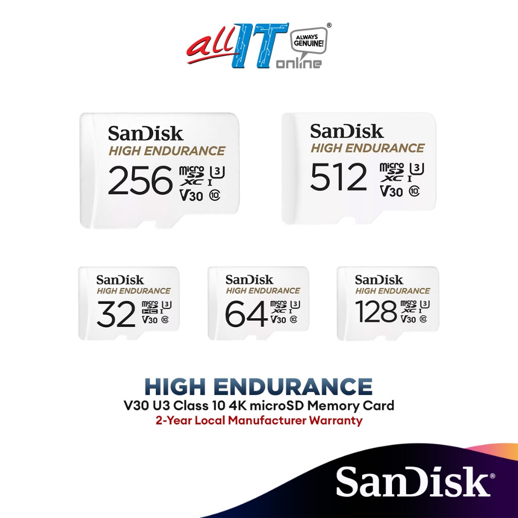 SanDisk High Endurance V30 U3 Class 10 microSD™ with Adapter 32GB/ 64GB/ 128GB/ 256GB/ 512GB Max R: 100MB/s
