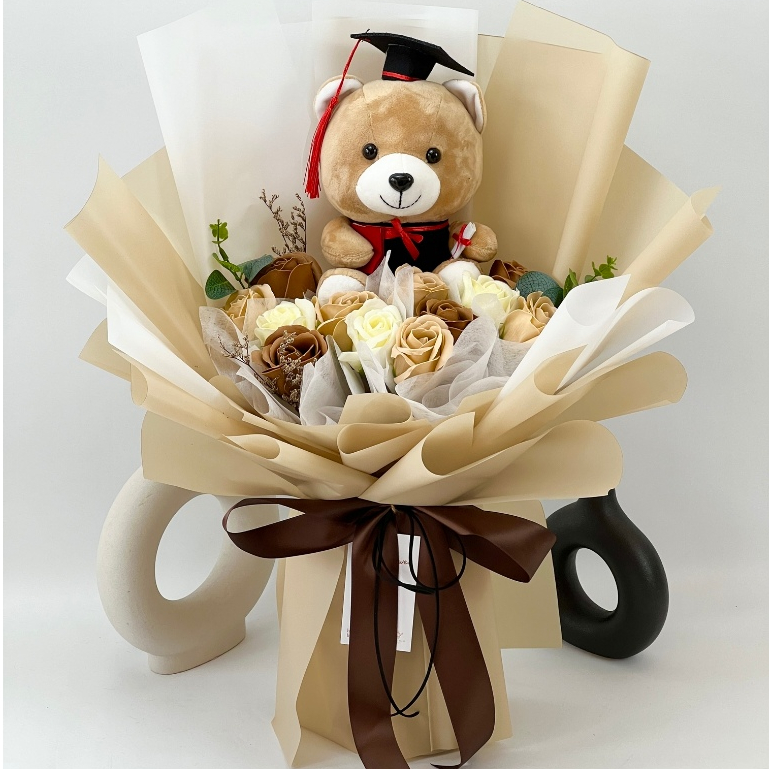 Soap Roses Flower Bouquet Graduation Flower Bouquet 12 Stalks with Graduation Bear Convo Graduation Gift Present