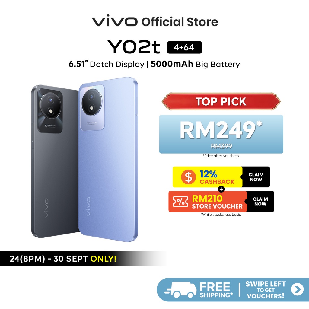 New Arrival vivo Y02T 4+4GB EXTENDED RAM + 64GB/128GB ROM 5000mAh Large Battery 6.51″ HD+ Eye Protection Screen