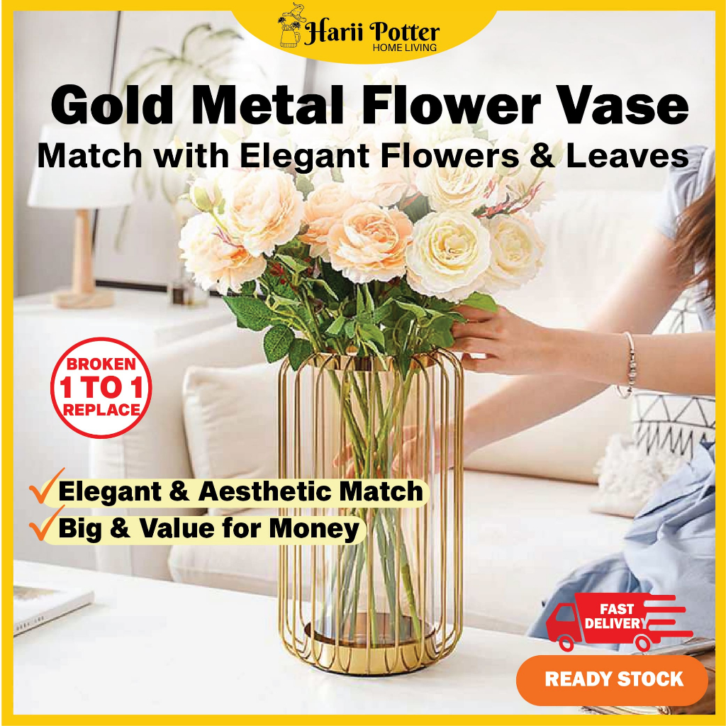 Metal Vase Gold Vase Flower Vase Artificial Flower Pasu Bunga Hiasan Ruang Tamu Vase Decoration Pasu Bunga Hiasan Meja
