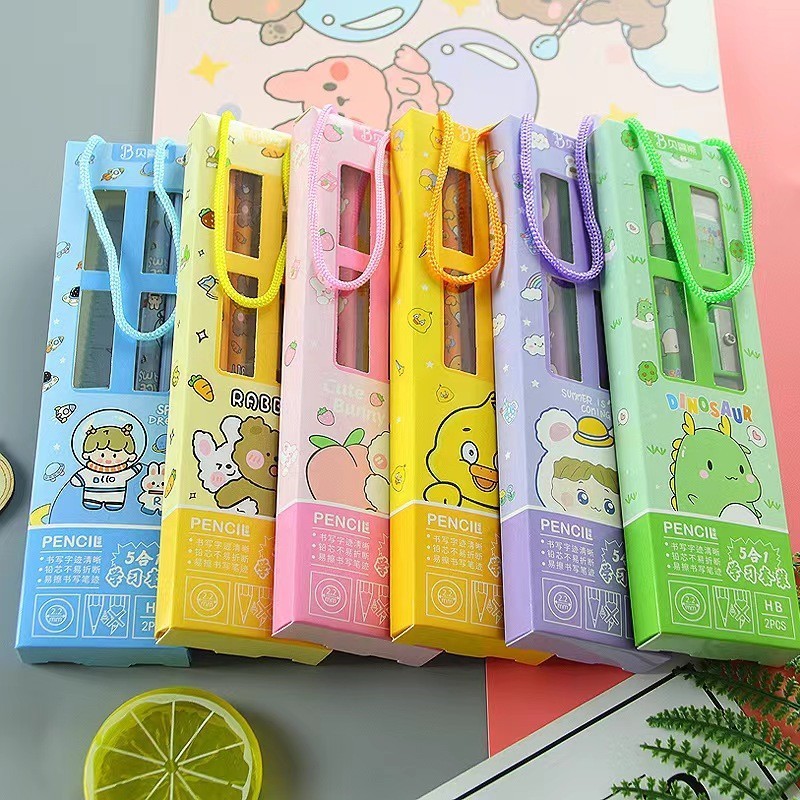 5 in 1 Pencil Study Set Student Gift Portable Stationery Set Gift Box Birthday Present Gift Pencil