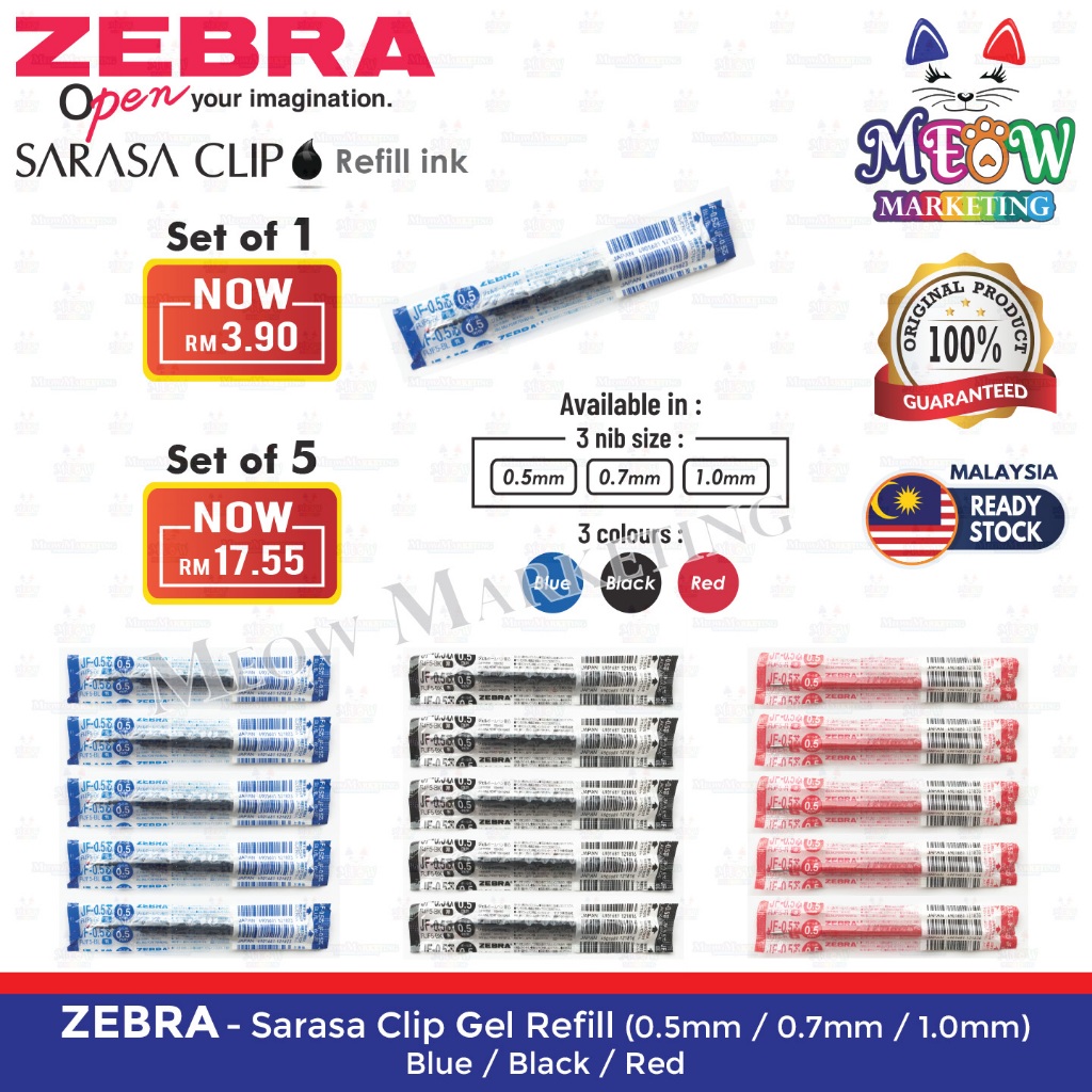 Zebra Sarasa Clip Gel Pen Refill (0.5mm / 0.7mm / 1.0mm) Blue / Black / Red - Set of 1 / Set of 5