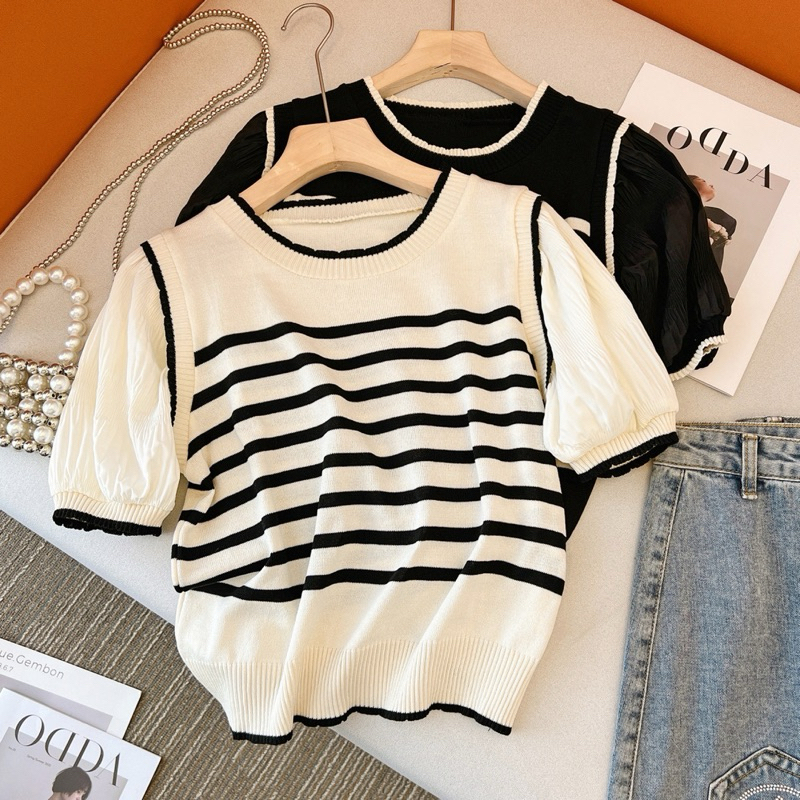 (READY STOCK IN MALAYSIA )Maya Striped Knitted Round Neck Short Sleeve Top T-shirt 温柔风假两件圆领短袖针织宽松上衣T恤