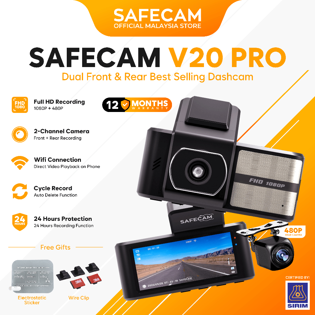 SAFECAM V20 Pro Front Rear Cam Dual Cameras Full HD 1080P WIFI Dashcam Night Vision App Control