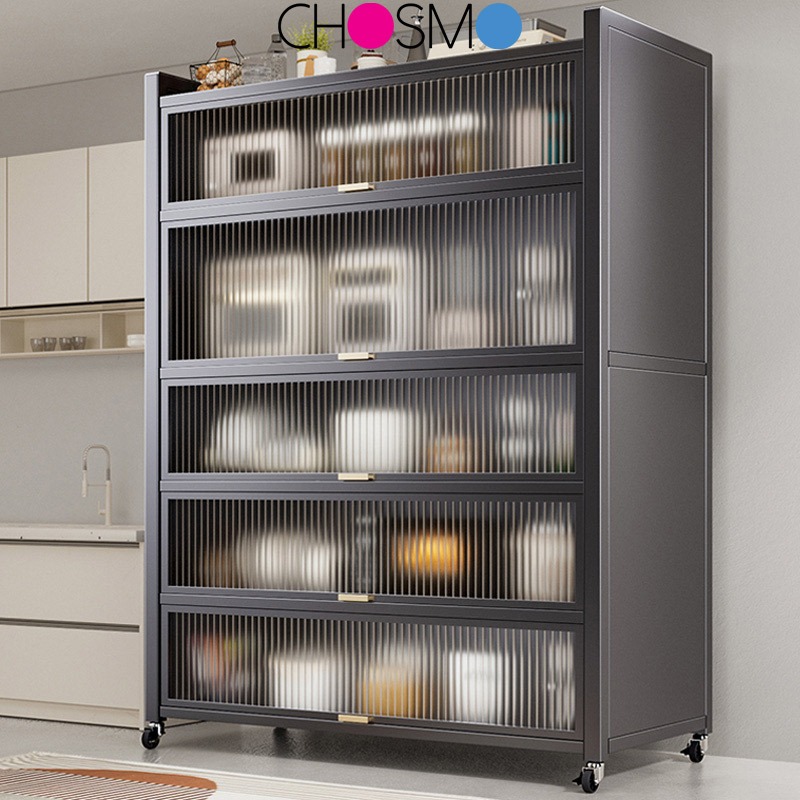 Chosmo Rak Kabinet Dapur Kitchen Storage Cabinet Rack Microwave Oven Cabinet Shelf with Doors & Wheels