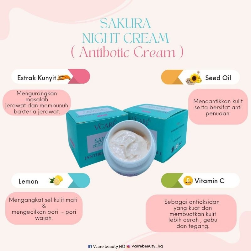 VCARE BEAUTY SAKURA NIGHT CREAM (ANTIBIOTIC CREAM) 15GRAM. ORIGINAL HQ ✅